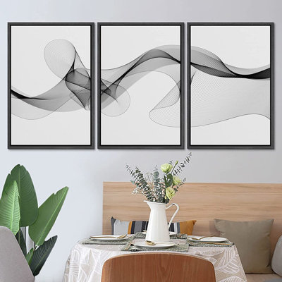 Black and White Smoke Ribbons Minimalist Modern Framed On Canvas Wall Art 3 Pieces Painting Print -  SIGNLEADER