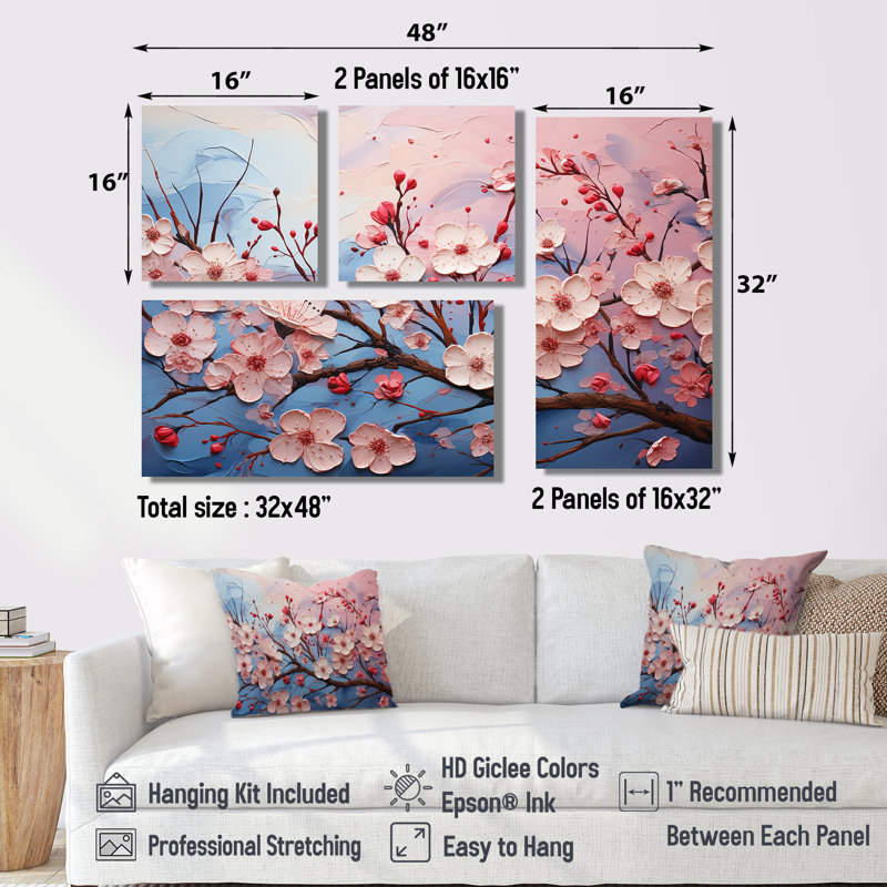 Fleurs de cerisier roses et bleues II - Décoration murale rose 4 pièces, Noir, Impression encadrée sans passe-partout