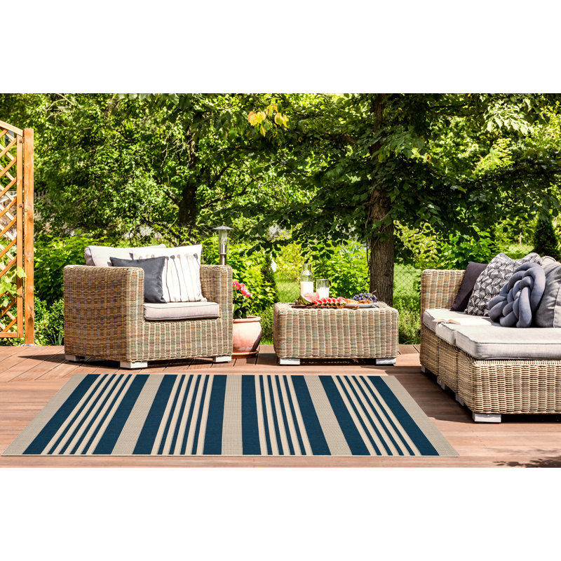 Arneshia Striped Navy/Beige Indoor / Outdoor Area Indoor/Outdoor Area Rug, Rectangle 5'3" x 7'7"