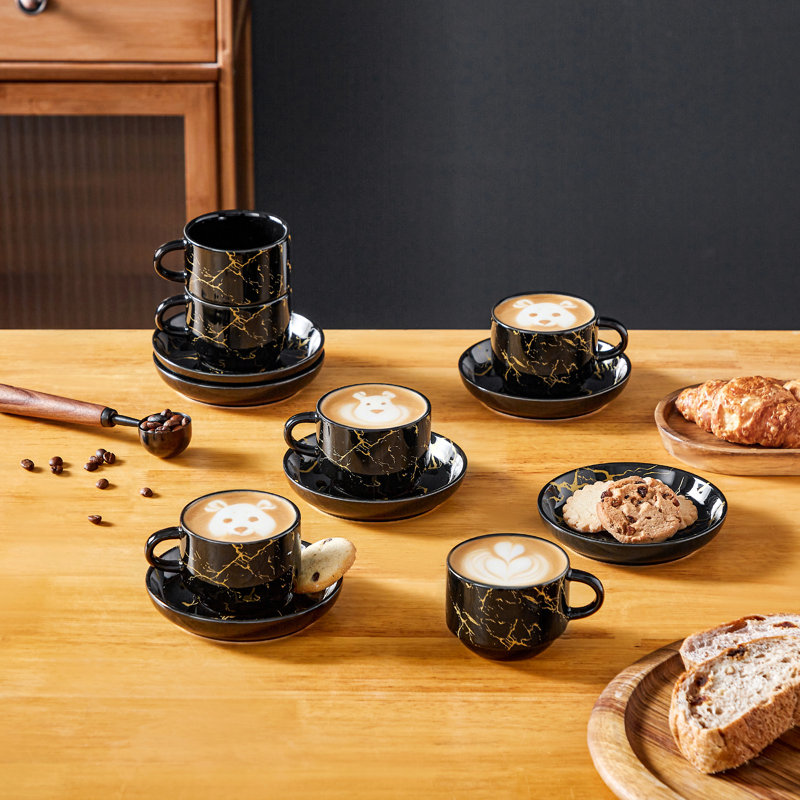 Ensemble de 6 tasses à café empilables en marbre noir et doré avec soucoupes et support argenté | 5 tasses à cappuccino 5 oz, élégant café maison
