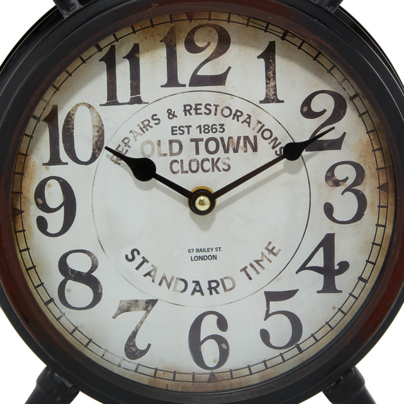Metal Decorative Clock with Bell Style Top, Antique Black, 13" H x 10" W x 4" D