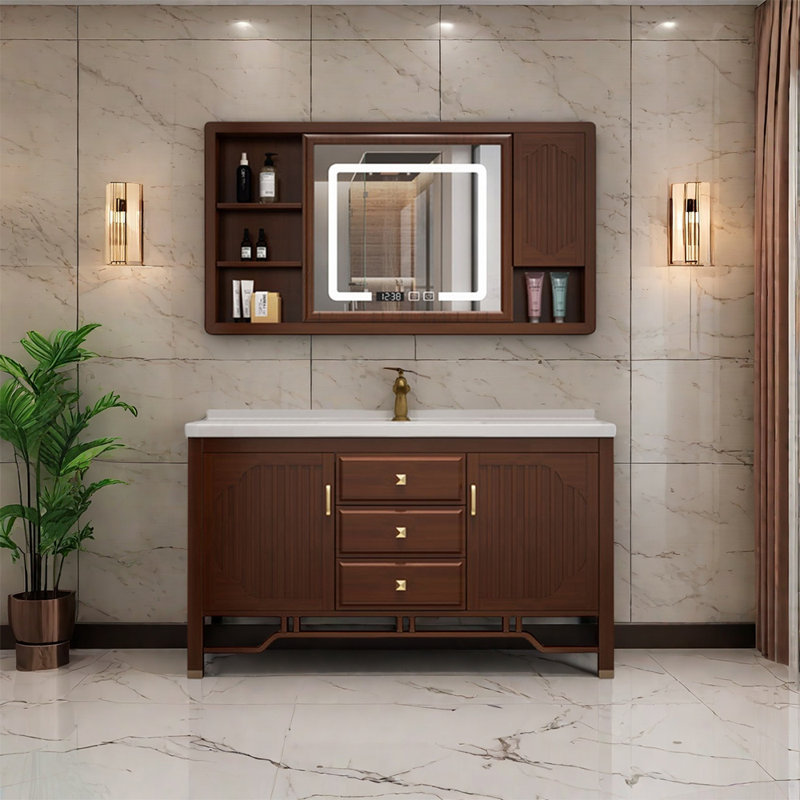 Armoire de salle de bain haut de gamme rétro et simple, Brun