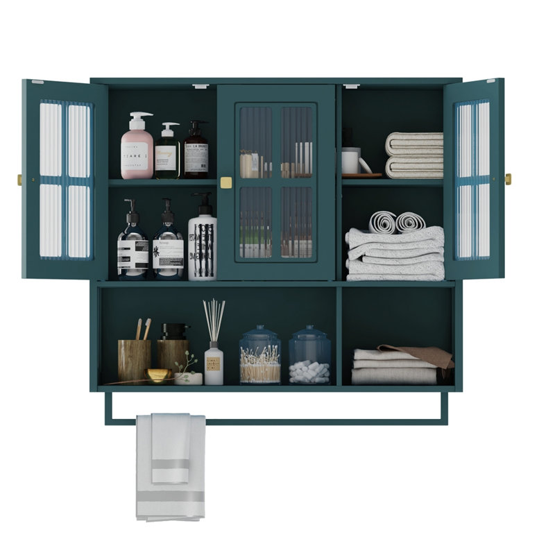 Modern Minimalist Wall Mounted Storage Cabinet with Fluted Tempered Glass Doors, Removable Shelves & Towel Rack, Floating Display Organizer Cabinet for Bathroom Kitchen Living Room