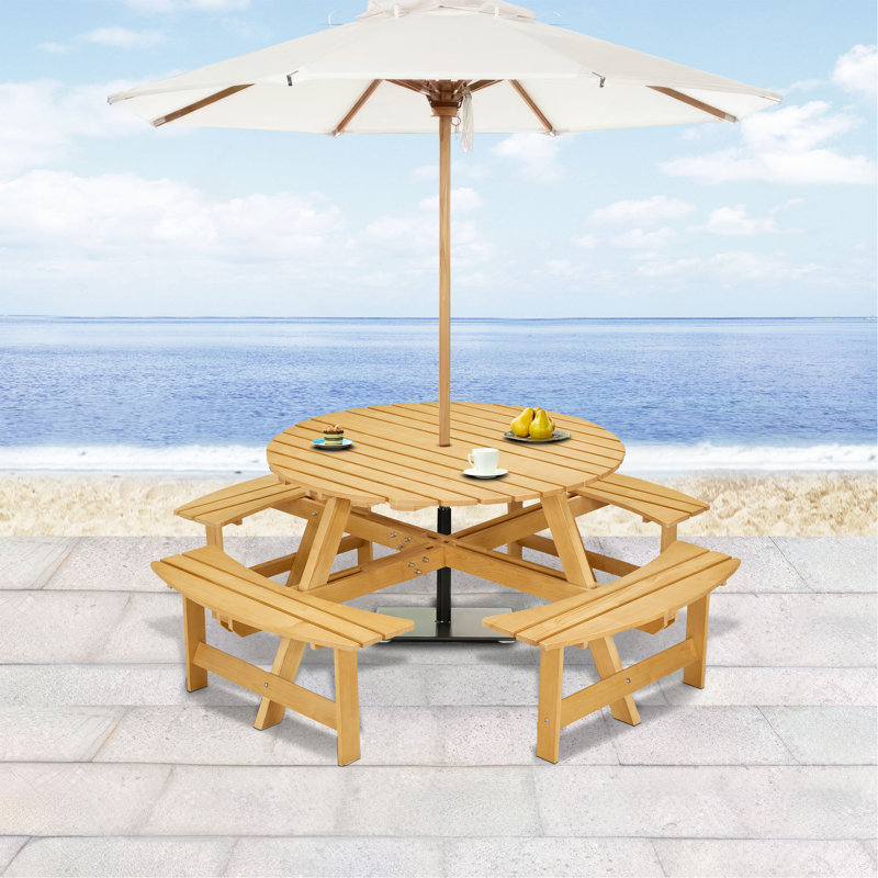 8-Person Outdoor Round Picnic Table Set With 4 Built-In Benches & Umbrella Hole - Perfect For Garden, Backyard, Porch & Patio