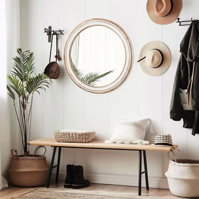 23,56 po Miroir rond pour la maison, le bureau. Style en bois avec bord blanchi. Réflexion de qualité. Installation sans effort dans la chambre à coucher, vestibule. Miroir Edge. Méthode cristalline facile