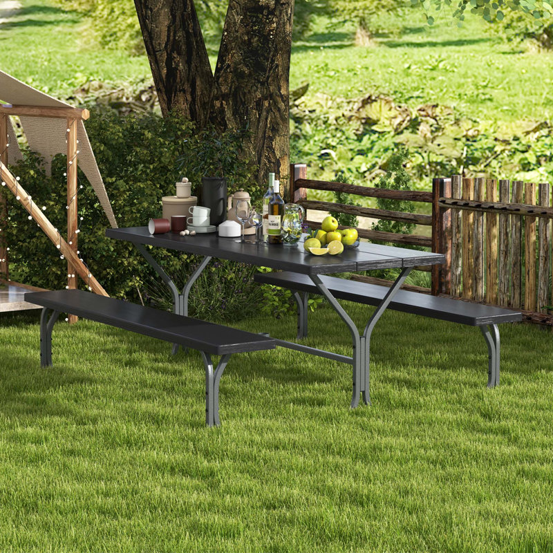 Red Barrel Studio 6 Ft Picnic Table Bench Set Outdoor Dining Table & 2 Benches With Metal Frame White, Noir