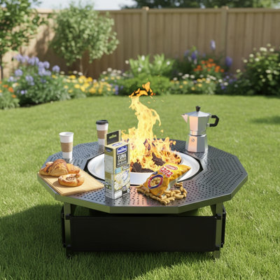 Adjustable Fire Pit Surround Table With Black Metal Frame And Uv Resistant Fabric, Outdoor Tabletop