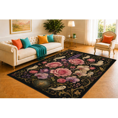 Tapis à motif de roses «Ultra Léger» 5 pi x 7 pi, motif botanique noir avec fantômes flottants et vignes ornées, décor gothique romantique pour chambre à coucher, salon ou studio