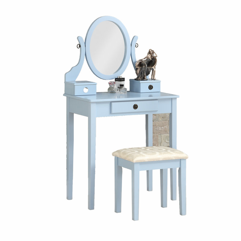 Ensemble coiffeuse et tabouret de maquillage en bois Moniya, Bleu