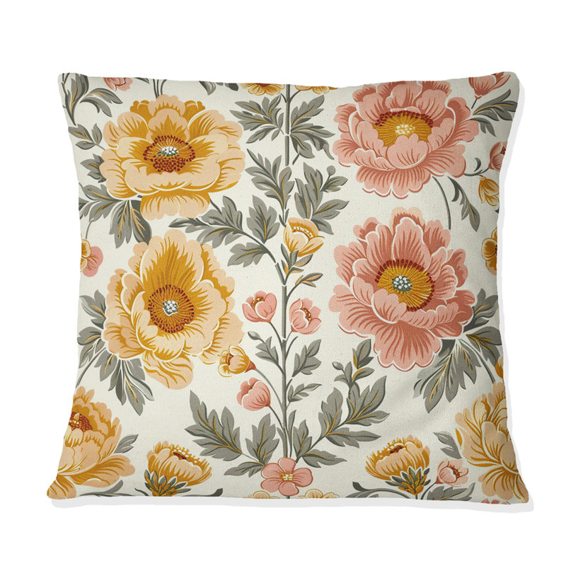 Motif de fleurs de campagne rose et or II - oreiller champêtre, H 16 po x l 16 po, Carrée