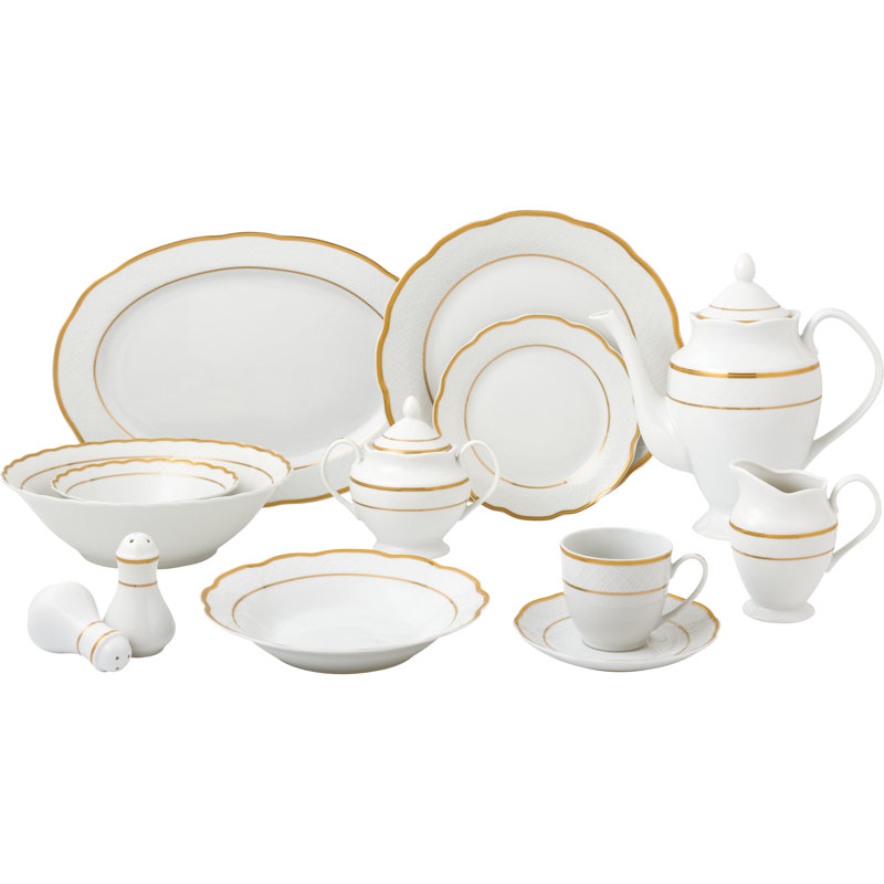 Elegant White Porcelain Dinnerware Set with Gold Trim - Service for 8
