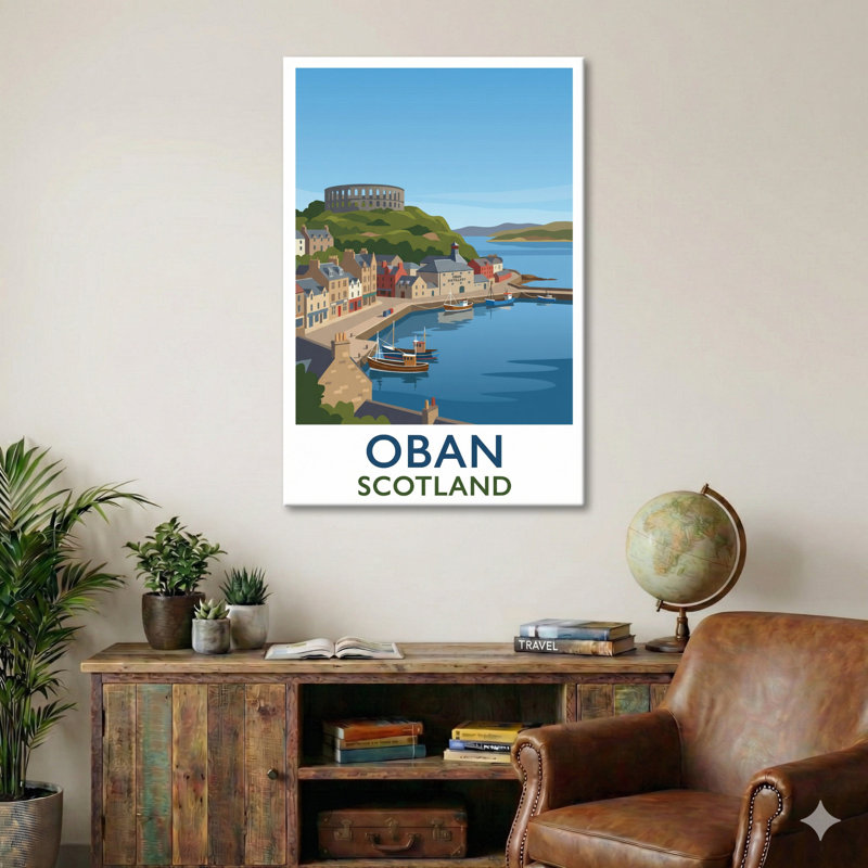 Oban, Scotland - Romantic Harbour Travel Poster, Gateway To The Hebrides. Giclee Print On Wrapped Canvas. Wall Art, Home Decor - Cities & Towns, Scotland - Wrapped Canvas Print