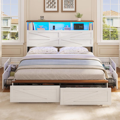 White Farmhouse Wooden Captains Bed with Footboard Storage Drawers Queen Open Platform Bed with Bookcase Headboard