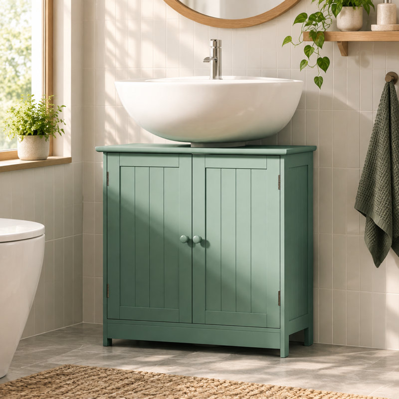 Meuble-lavabo avec ouverture en U, tablette réglable et 2 portes, vert foncé