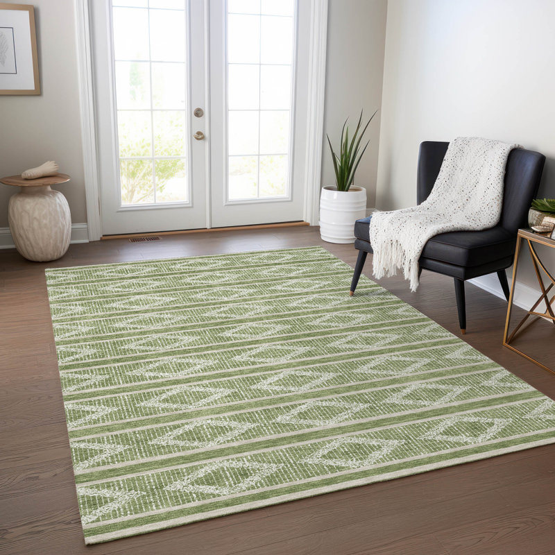 Green Diamond Pattern Washable Synthetic Area Rug