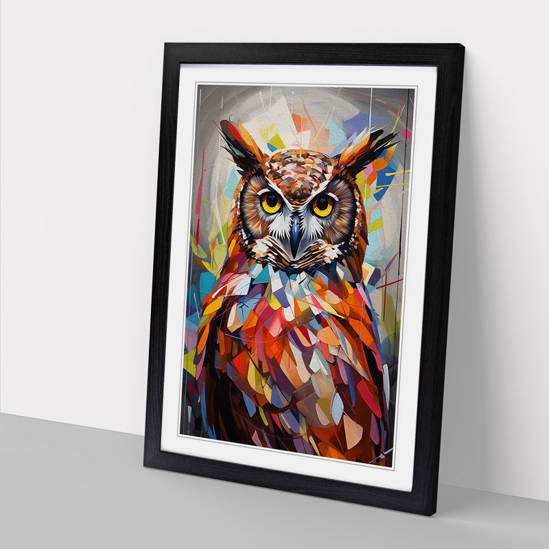 Owl Geometric - Single Picture Frame Print on Wood, 46cm H x 34cm W x 2cm D, Black