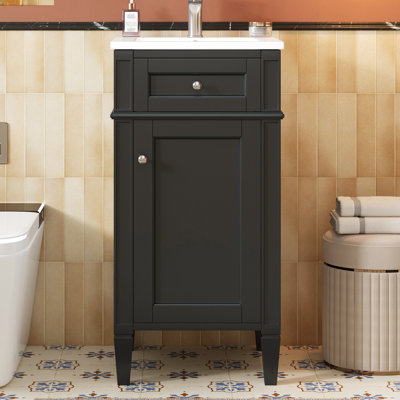 Meuble-lavabo français de 16 pouces avec lavabo lisse, porte à fermeture en douceur, fabrication en bois massif, pieds en céramique polyvalents avec rangement, charnières fermées, grande capacité