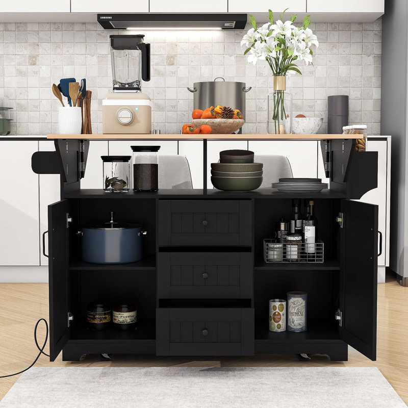 Kitchen Cart with Dual Drop Leaf, Rolling Design, Power Outlet and Ample Storage on 5 Wheels, Black
