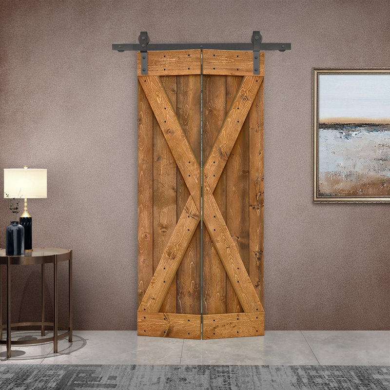 Porte de grange pliante pré-assemblée en bois avec quincaillerie coulissante, Walnut, 24" x 84"