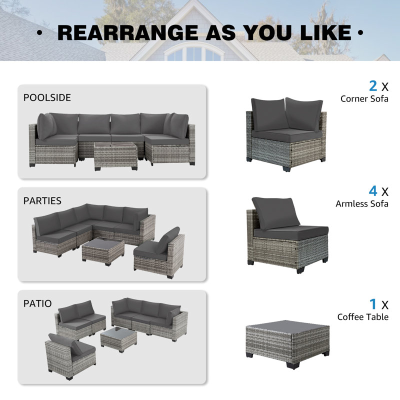 Ensemble de conversation en rotin 7 pièces, ensemble de conversation modulaire avec coussins, ensemble de mobilier d'extérieur 