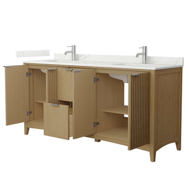 Palmilla 72" Freestanding Double Bathroom Vanity with Quartz Top, Brushed Nickel, Beige