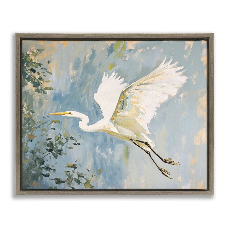 «White Heron in Flight» par Ramona Murdock, H 25 po x l 31 po, Cadre flottant orme Montalcino