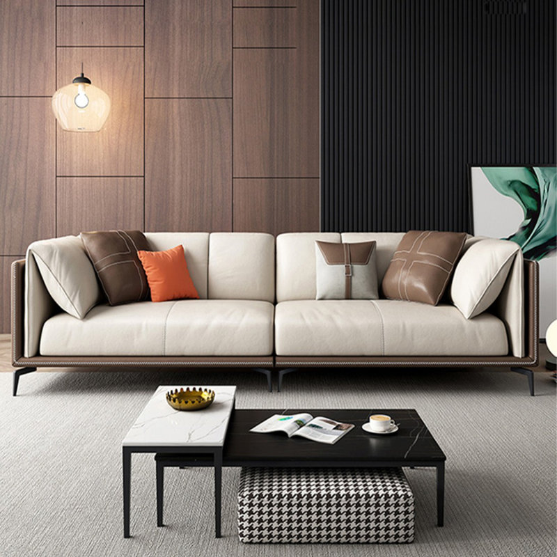 Canapé modulaire beige en cuir véritable, H 27,56 po x l 102,36 po x P 37,4 po