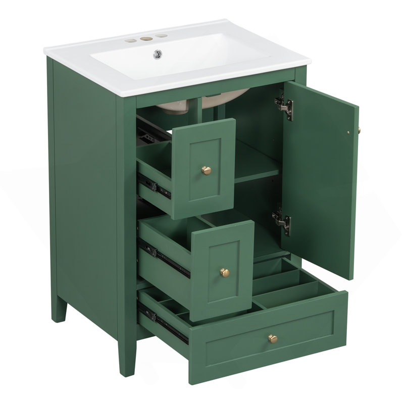 "Meuble-lavabo de 24 pouces avec rangement, tablette réglable, panneau de fibres à densité moyenne et bois d'hévéa, cloisons amovibles, finition vert foncé"