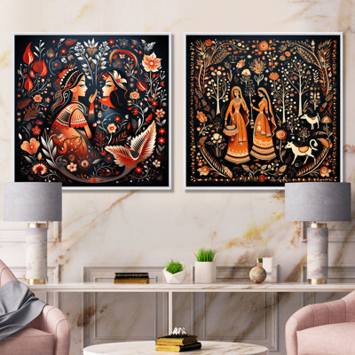 Indian Art Rajasthani Folklore Tales I - Art mural indien ensemble de salon de 2