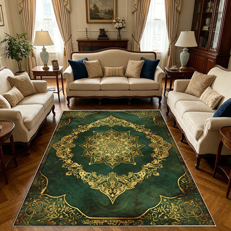 1PC Vintage Emerald Green Gold Bohemian Persian Medallion Floral area rugs for Living Room, Soft, All seasons, Easy-maintain, Washable Indoor mat, Farmhouse suitable for for dining room, bedroom, kitchen...