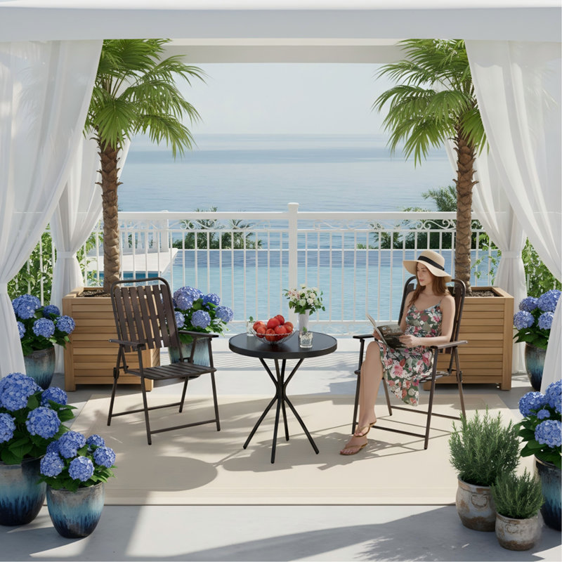 3-Piece Outdoor Patio Furniture Set, Foldable Powder-Coated Metal Chair & Tempered Glass Side Table - 350Lb Capacity, Weather-Resistant For Balcony, Garden, Terrace