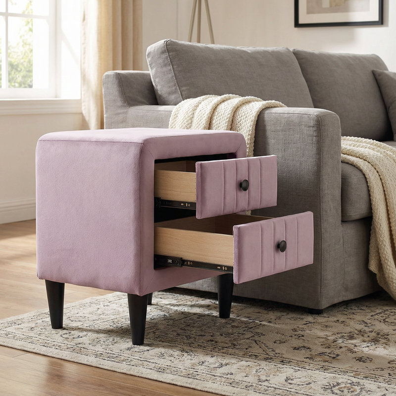 Table de chevet 22 po avec 2 tiroirs et table de chevet en velours, Light Pink