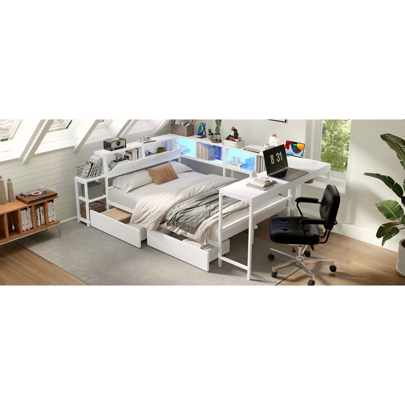Structure de lit d'angle pleine grandeur avec bibliothèque et 2 tiroirs de rangement sous le lit, lit moderne avec lumière DEL et station de charge, interchangeable gauche et droite, blanc