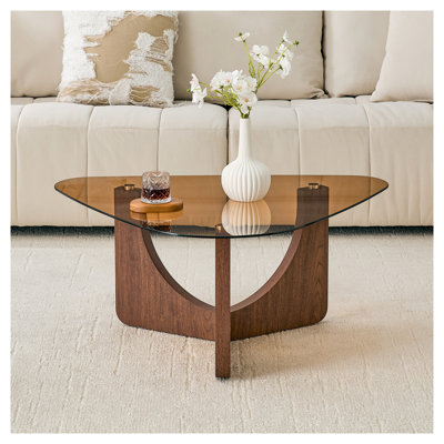 Vintage Triangular Coffee Table with Tea-Colored Tempered Glass Top and Walnut MDF Base