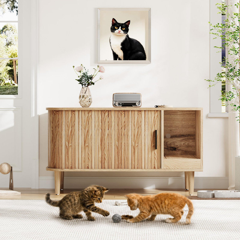Litière pour chat avec porte coulissante, table de bout moderne avec rangement