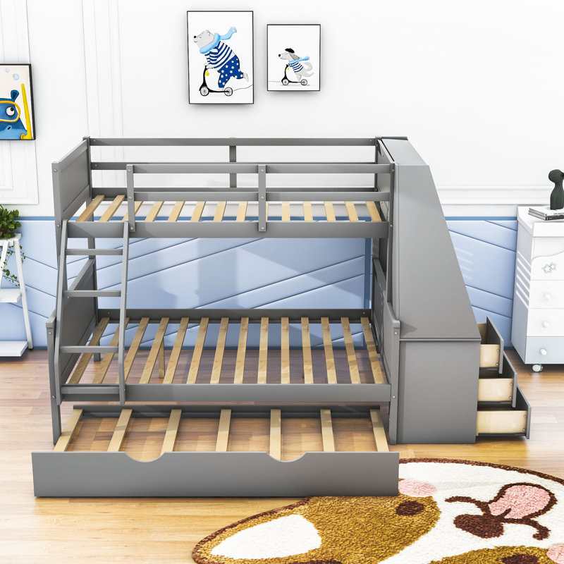 Fahira Kids Twin Over Full Bunk Bed with Trundle with Drawers, Gray
