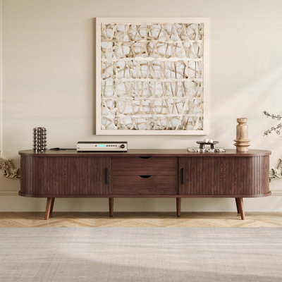 70 Inch Mid Century Modern TV Stand with Tambour Doors, Drawers, and Integrated Power Outlet for Living Room and Bedroom