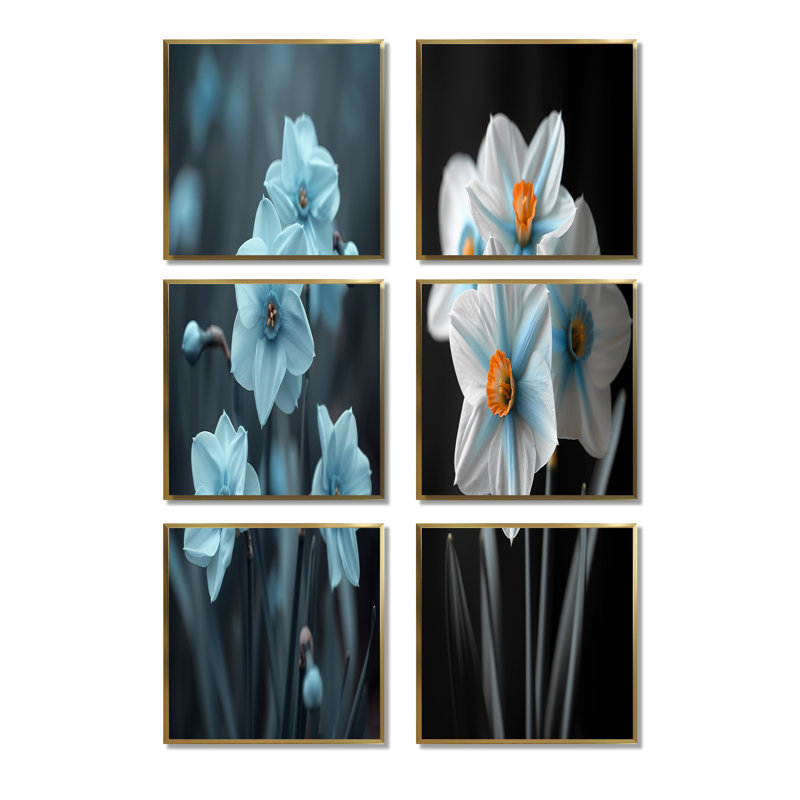 Monochromes bleu gris Whimsy Wonderland Daffodils - ensemble de 6 impressions de jonquilles murales, Doré