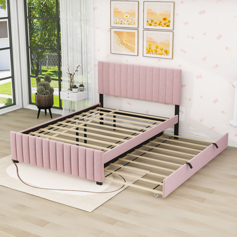 Lit plateforme tapissier avec lit gigogne, Pink