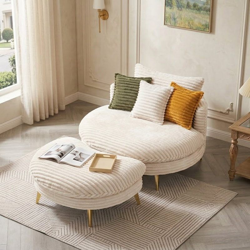 Méridienne ronde moderne avec repose-pieds et coussins revêtus de velours côtelé, Beige