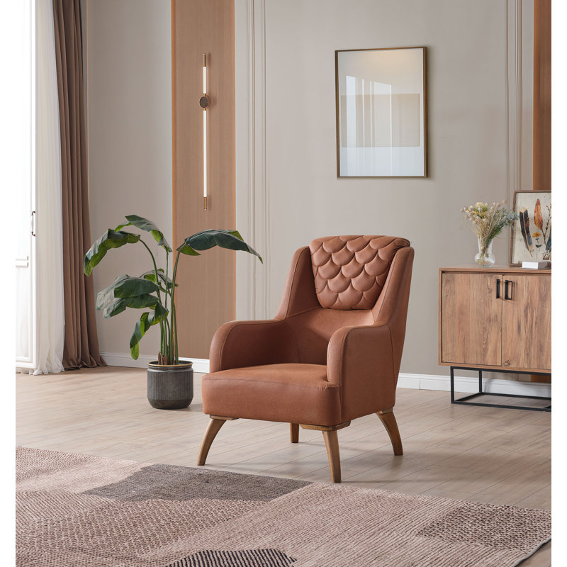 Chaise d'appoint moderne rembourrée avec dossier touffeté sculpté, pieds en bois massif, Tanné