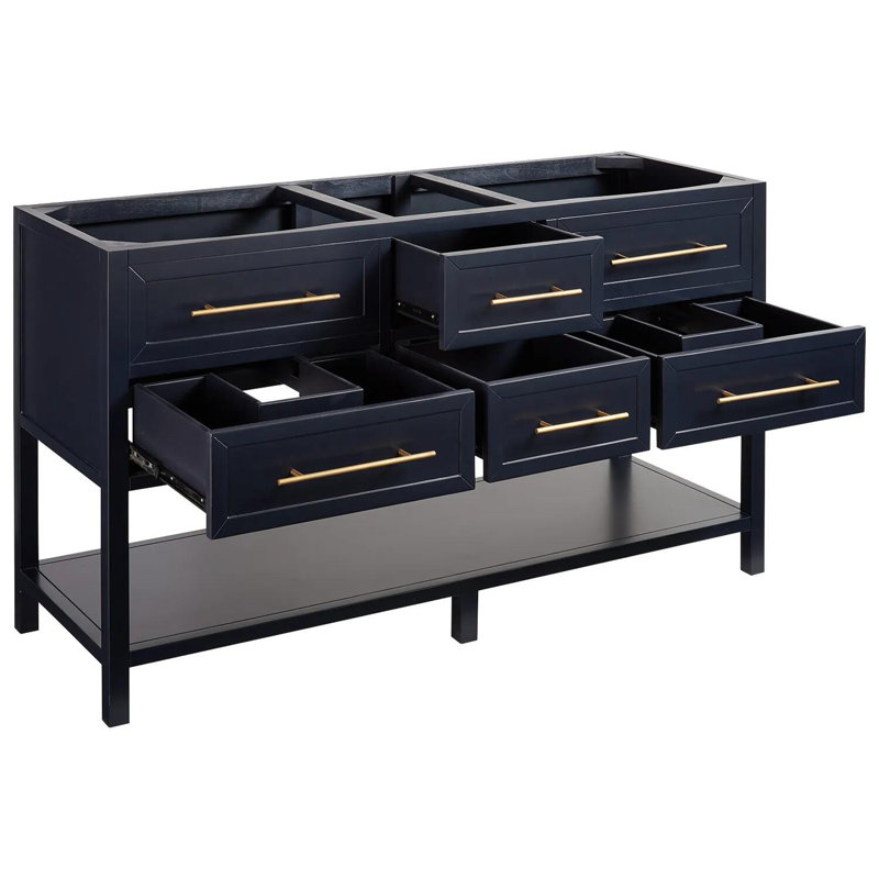 60" Robertson Double Bathroom Vanity Set with Rectangular Undermount Sinks, Feathered White Quartz, Black, Single Hole