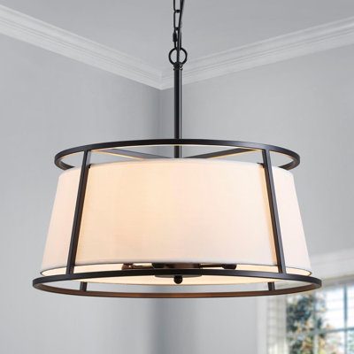Lustres cylindriques Shrine Lighting, style moderne, luminaire suspendu parfait pour la salle à manger, le salon, P 20 po x H 9 po, chaînes réglables de 59 po, douilles E12 * 4, abat-jour blanc et cadre à finition noire