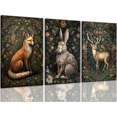 3Pcs Framed William Morris Animal Wall Art Fox Rabbit Sika Deer Canvas Posters Prints Forest Wild Animal Pictures Paintings Gothic Botanical Floral Oi -  Latitude Run®, 613F253204FA465F863519E7F5E4DC8D
