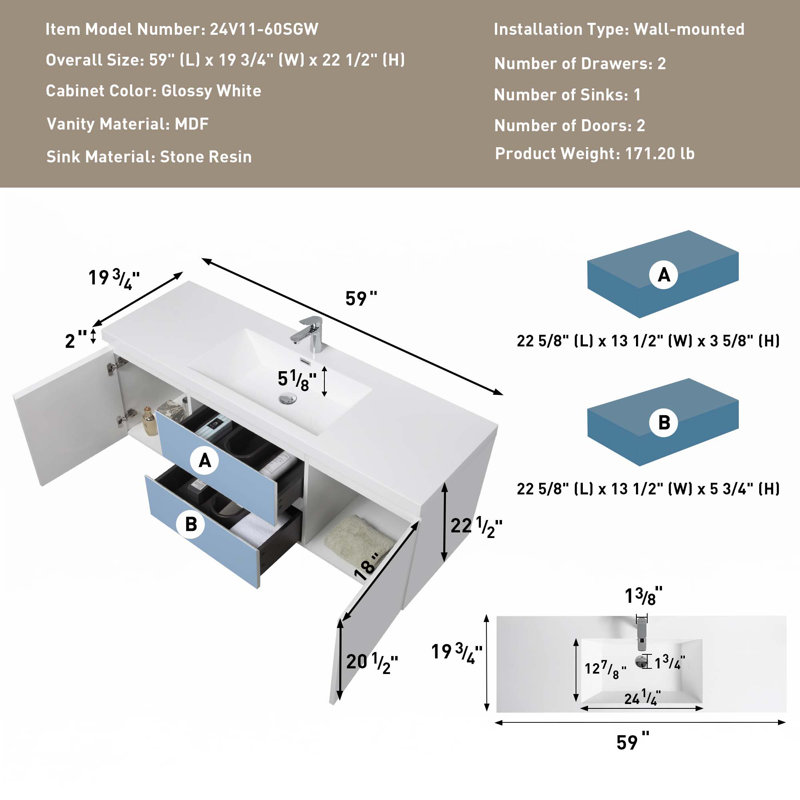 Floating Bathroom Vanity With Single Sink, White