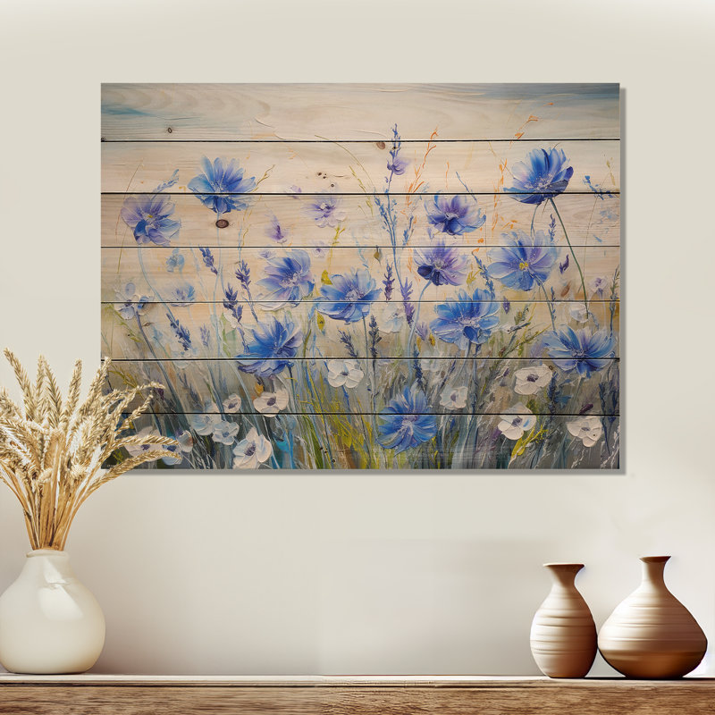 Cornflowers Serenity Flowers Field - Art mural en bois champ de fleurs sur bois de pin naturel, H 30 po x l 40 po