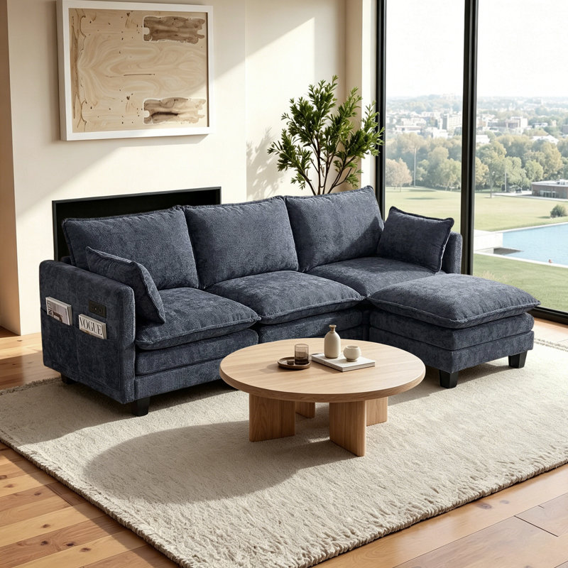 110.4'' Wide L-Shaped Living room sofa, Modular Sectional Sofa, 4 Seater Sofa Comfy Cloud Couch Chenille Upholstered Sofa with Ottoman,Built-in USB Port,Blue