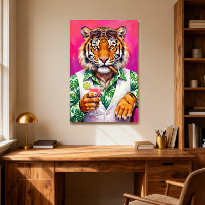 Animals Tiger Wears Sunglasses Holds Cocktail