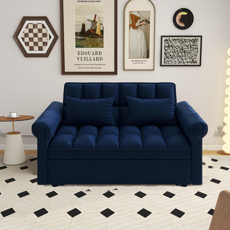 Velvet Tufted Convertible Sleeper Sofa Bed With 2 Pillows, 3 In 1 Pull Out Futon Sofa Bed With Adjustable Backrest, Ideal For Small Spaces & Guests!