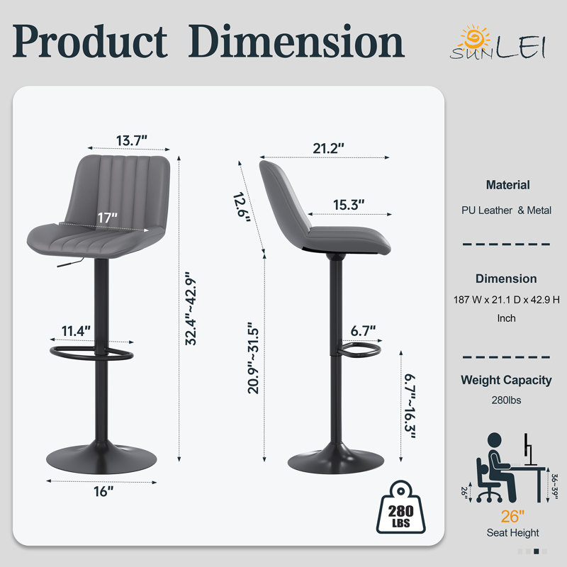 Swivel Upholstered Adjustable Height Counter Stool with Metal Frame, Gray